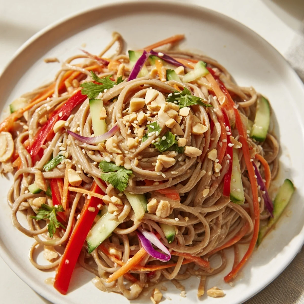 Freshly tossed Cold Noodle Salad with sesame-ginger dressing, garnished with peanuts, ready to enjoy.