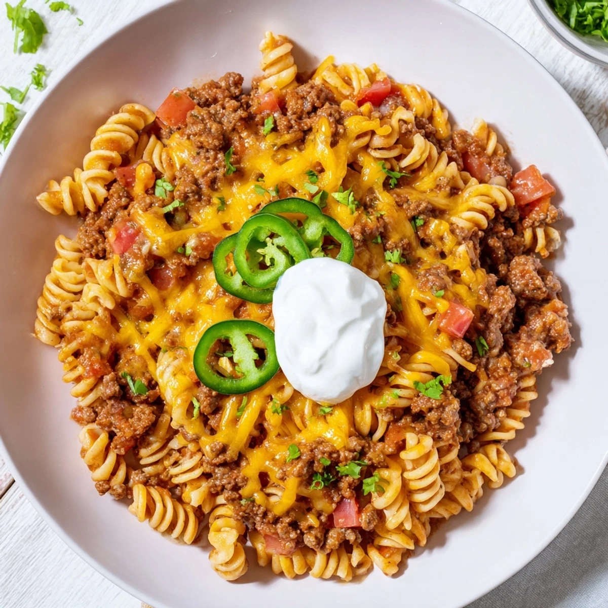A close-up of a flavorful Beef Taco Pasta Skillet, garnished with cilantro, and sliced jalapeño peppers.