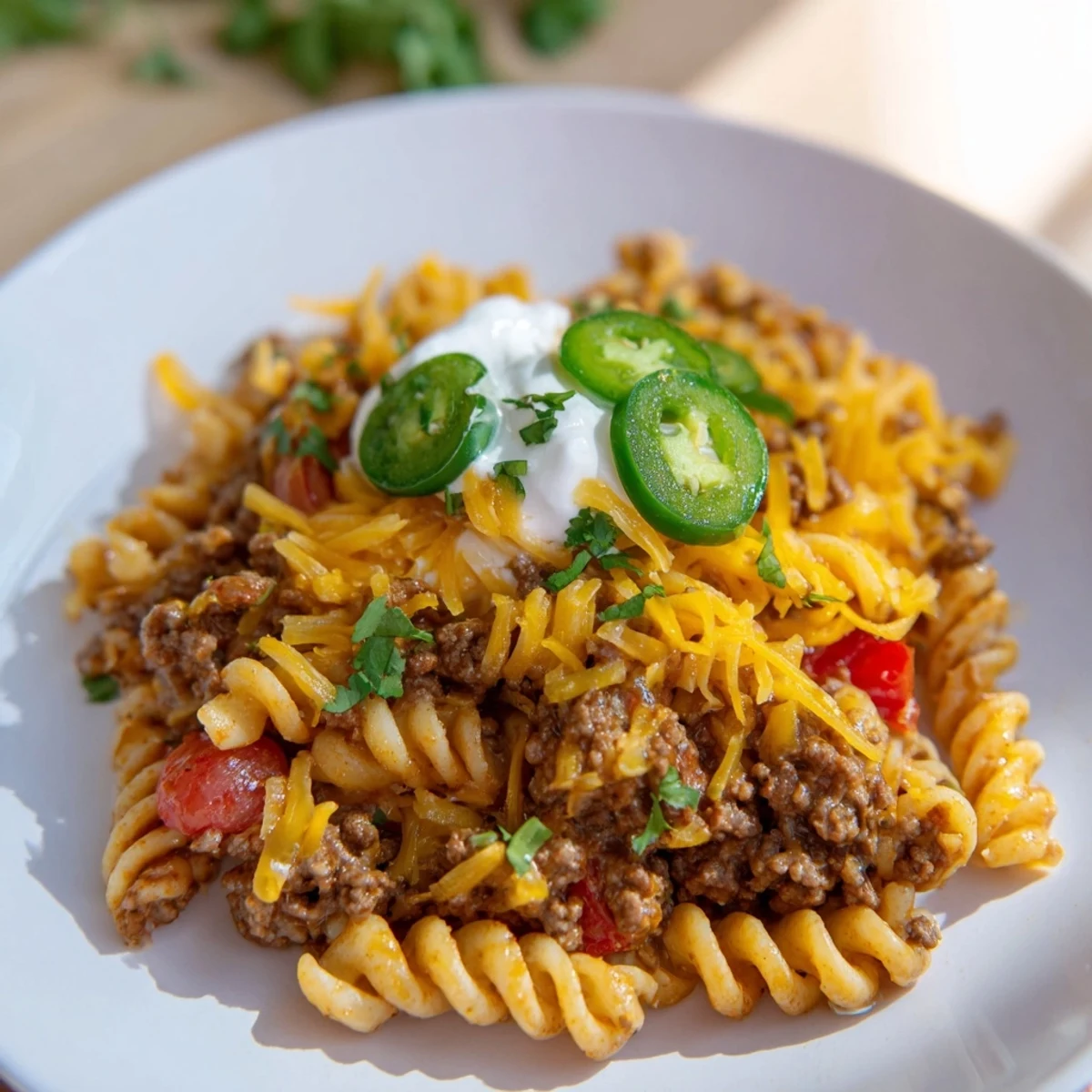 Beef Taco Pasta Skillet bubbling in a skillet, topped with melted cheese, ready to serve.