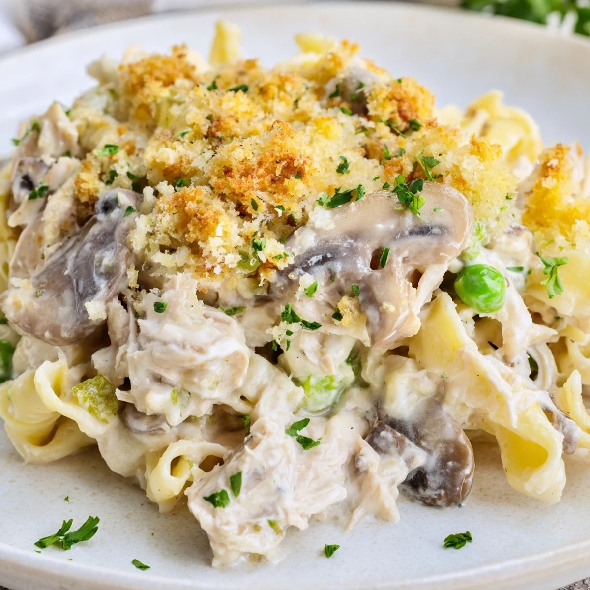 Golden-brown Tuna Noodle Casserole 2.0 with a crispy panko topping, perfect for a cozy dinner.