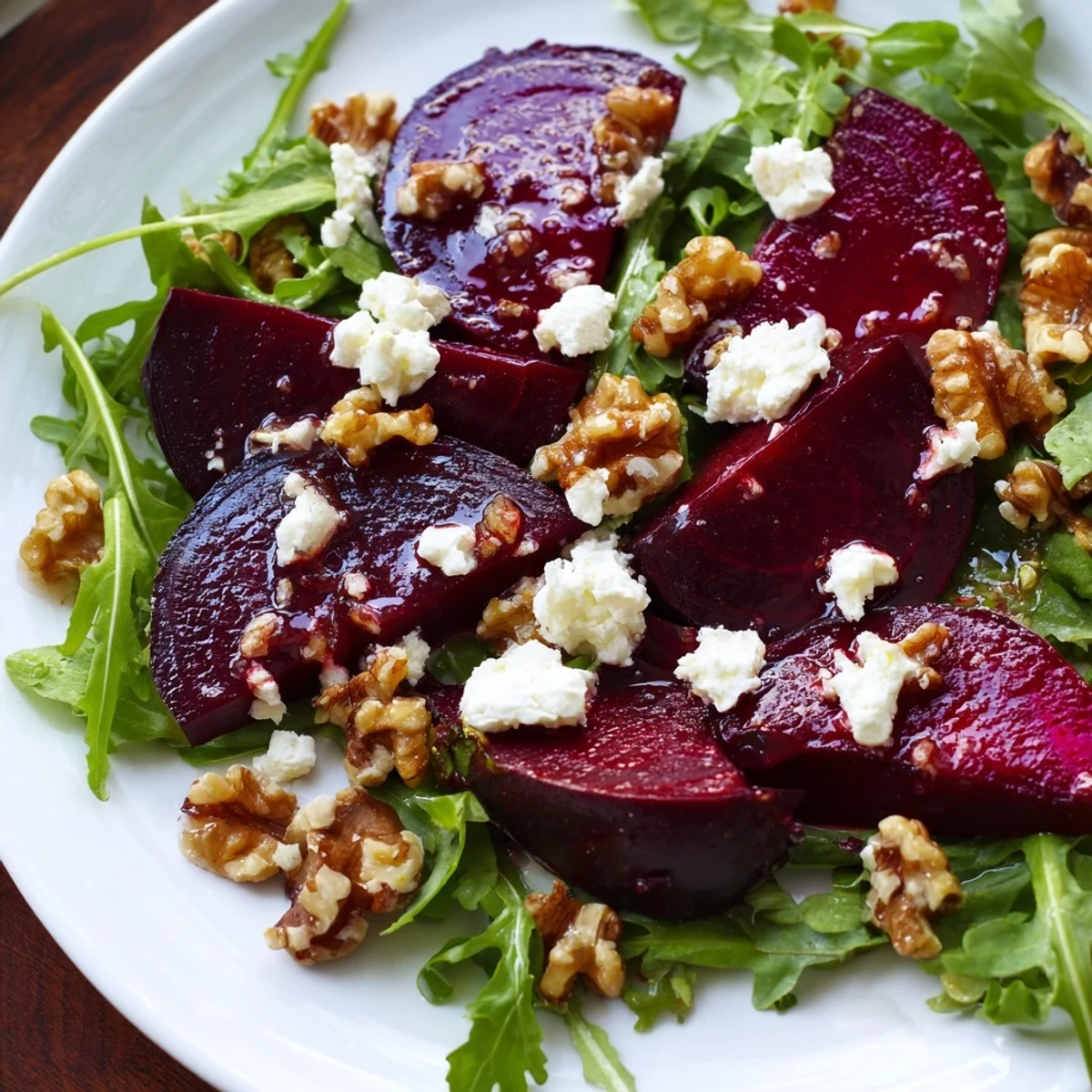Vibrant Roasted Beet Walnut Salad, a beautiful plate showing sweet beets, creamy goat cheese, arugula.