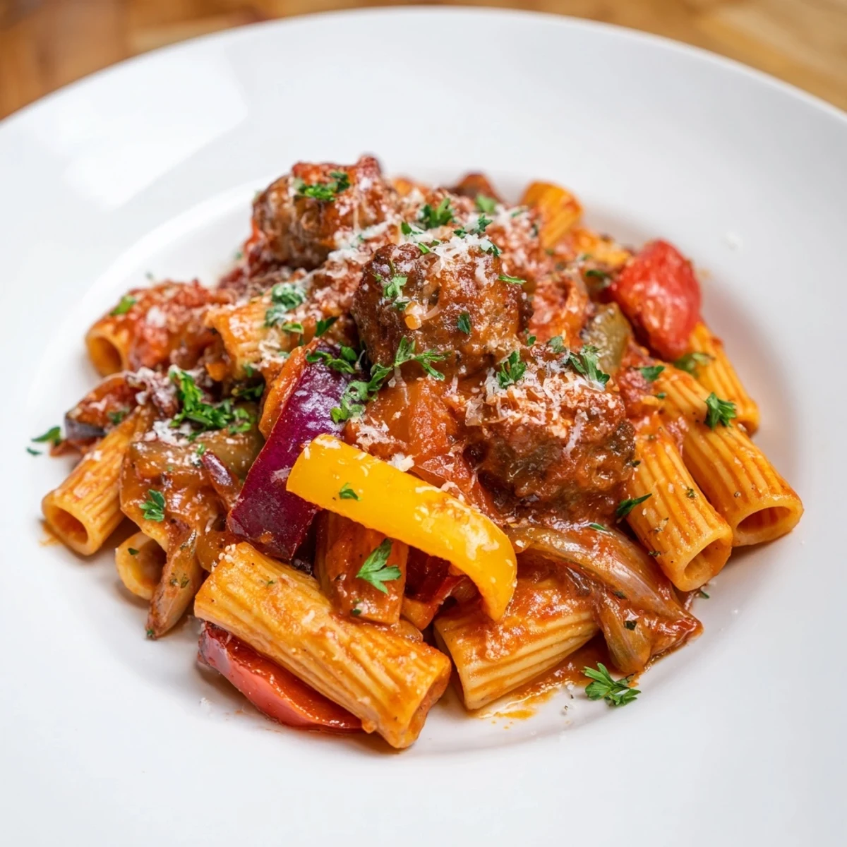 Delicious sausage and peppers pasta, perfect for a family dinner with savory Italian sausage throughout.