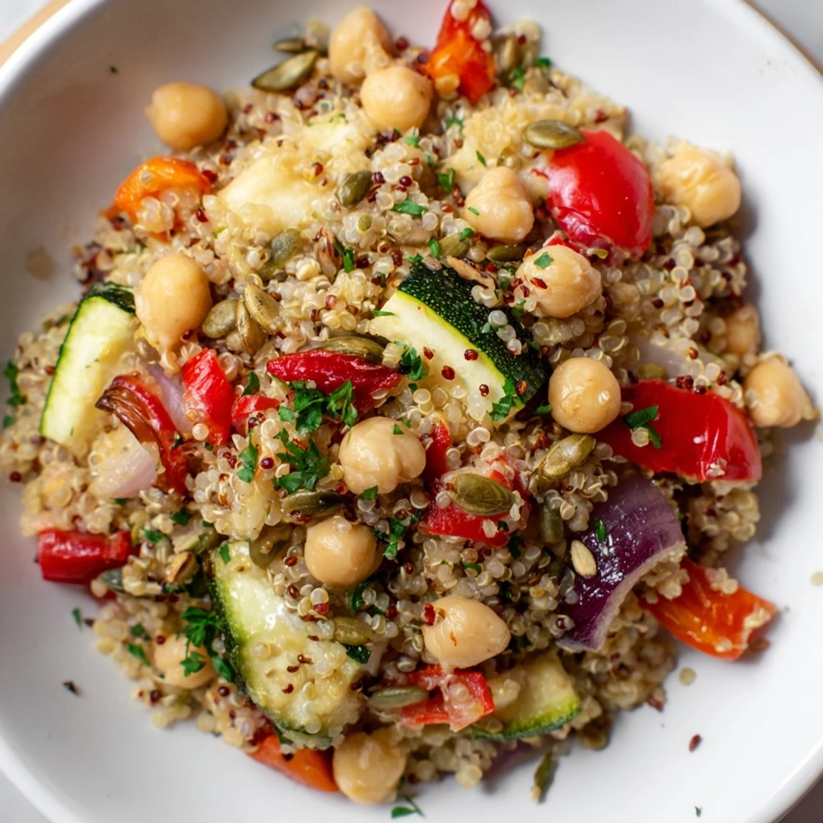 This vibrant Quinoa Power Protein Salad includes fluffy quinoa and fresh spinach tossed together.