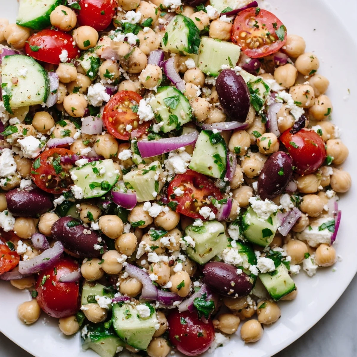 Mediterranean Chickpea Salad with bright tomatoes, olives, and a tangy lemon dressing, ready to enjoy.