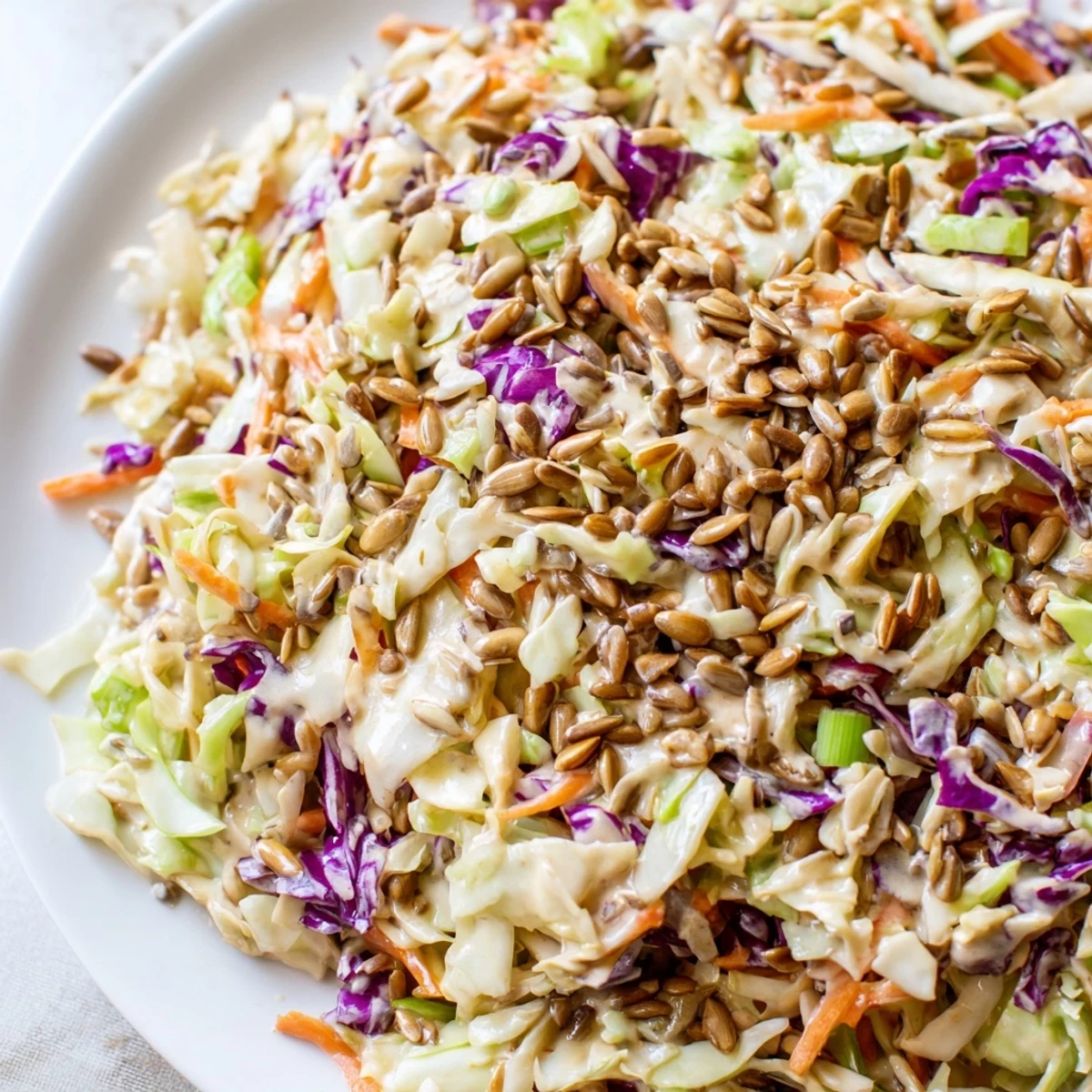 A bright, refreshing side: creamy crunchy coleslaw salad ready to serve and enjoy at lunch.