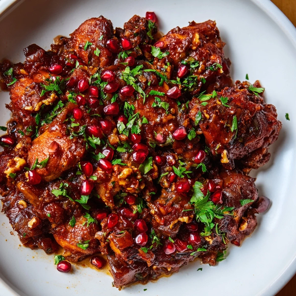 Steaming bowl of delicious Iranian Fesenjan; the savory stew is served with optional pomegranate garnish.