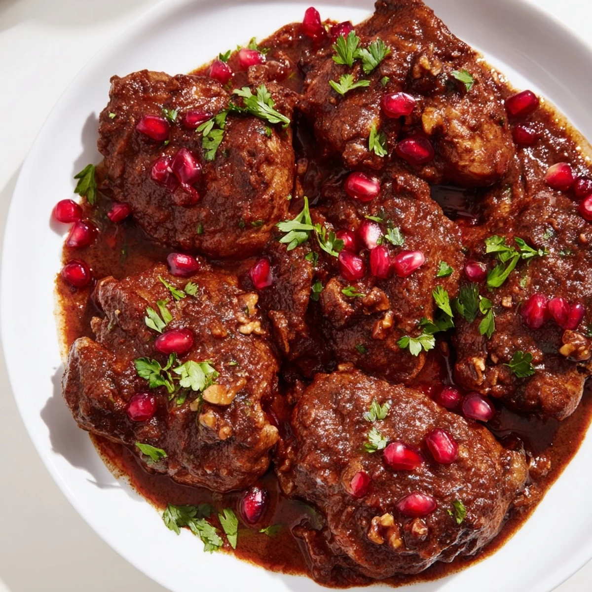 A close-up of Iranian Fesenjan reveals tender meat in a glossy, dark pomegranate sauce served with rice.