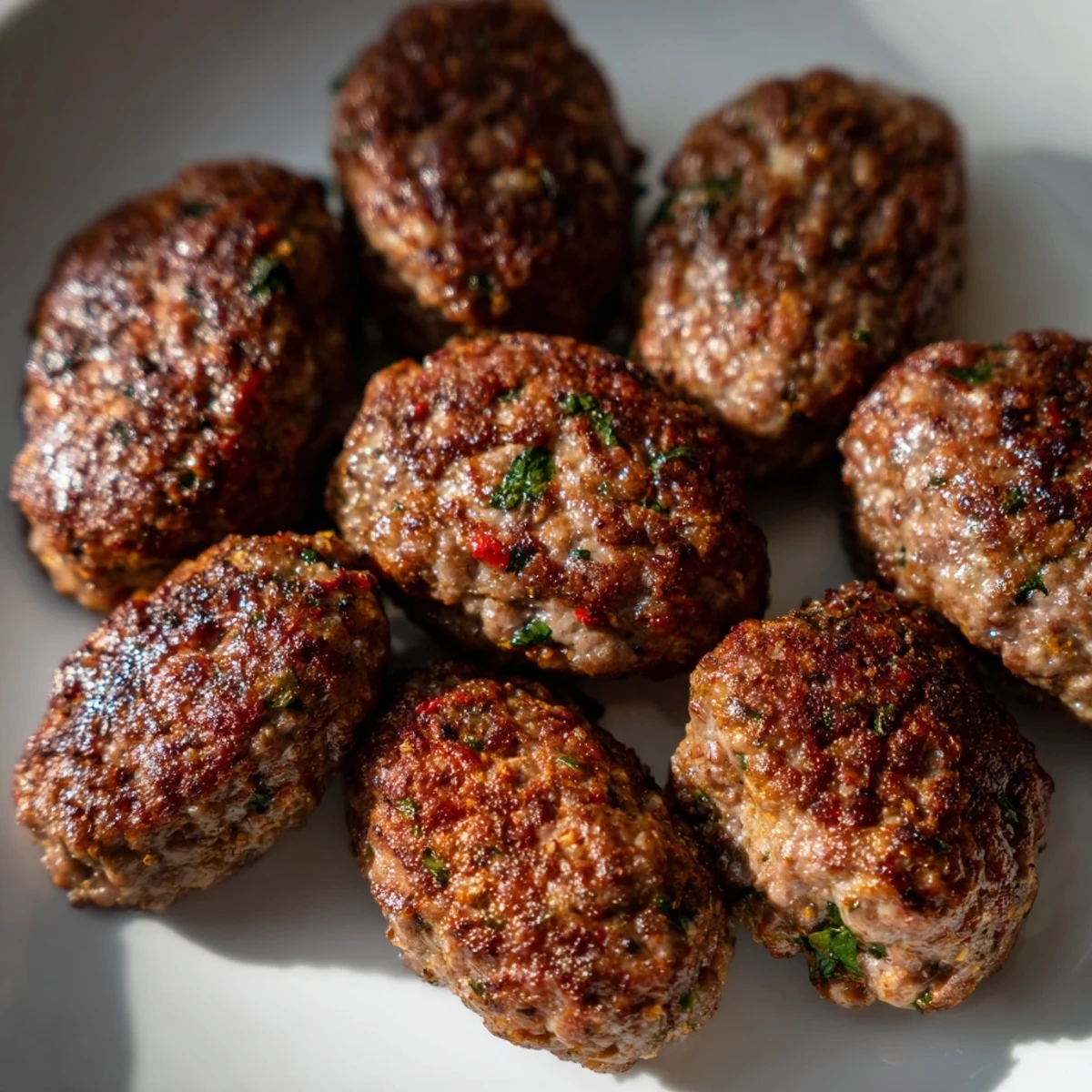 A close-up of sizzling, grilled Turkish Köfte meatballs, showcasing their beautifully charred exterior and juicy inside.