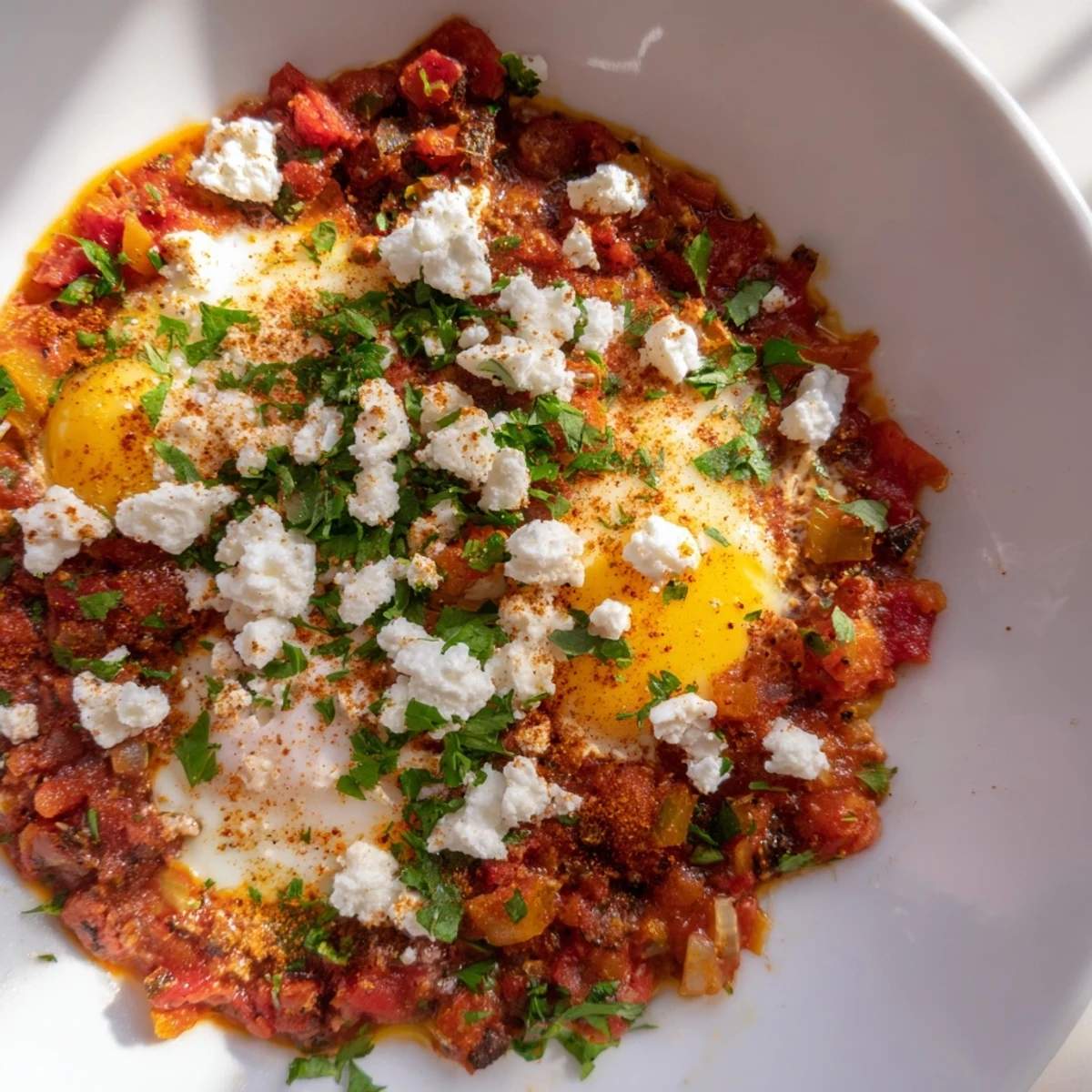 Freshly made Israeli Shakshuka, a flavorful dish with herbs and crusty bread.