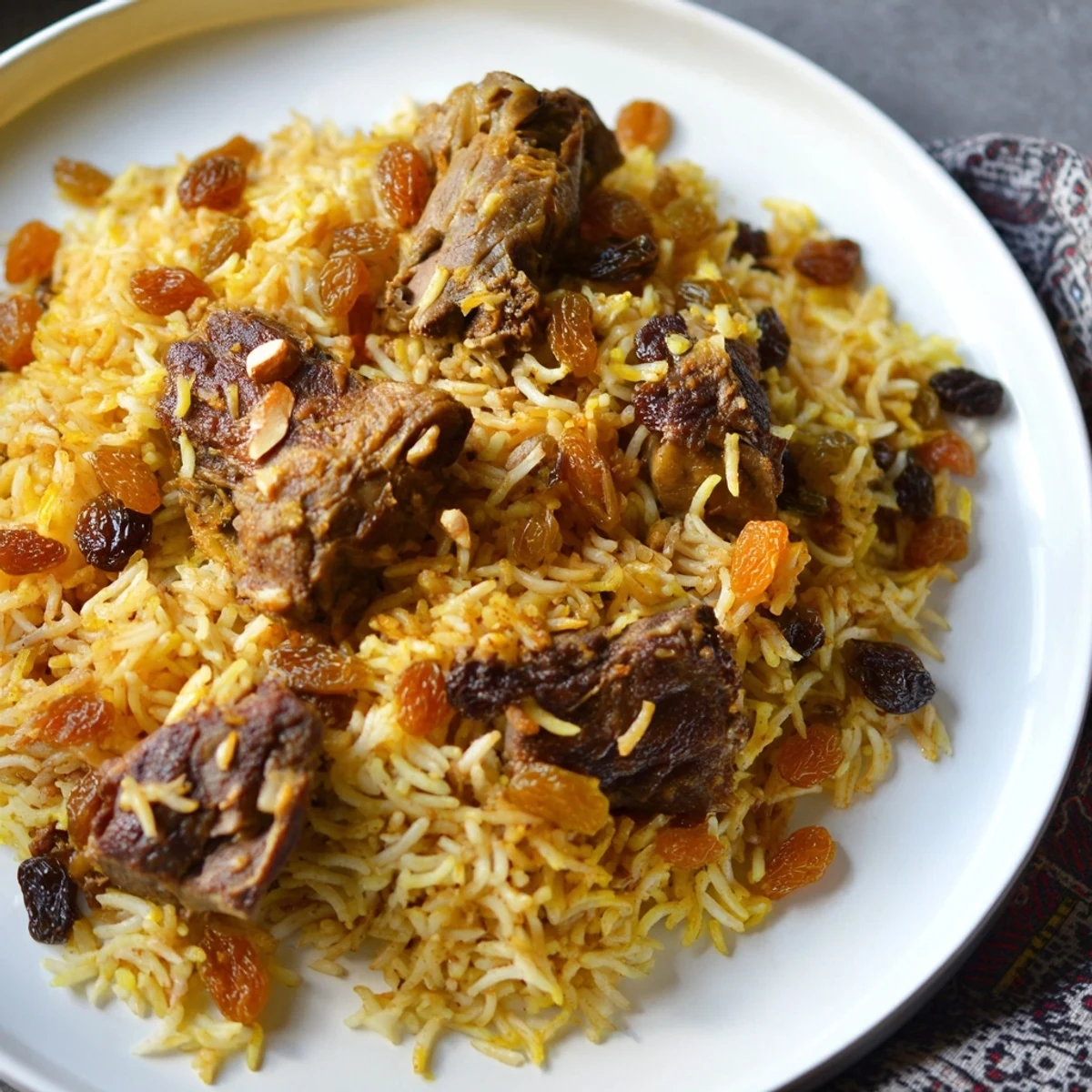 Steaming hot Saudi Kabsa rice with fluffy grains, tender meat, and toasted almonds, ready to serve.
