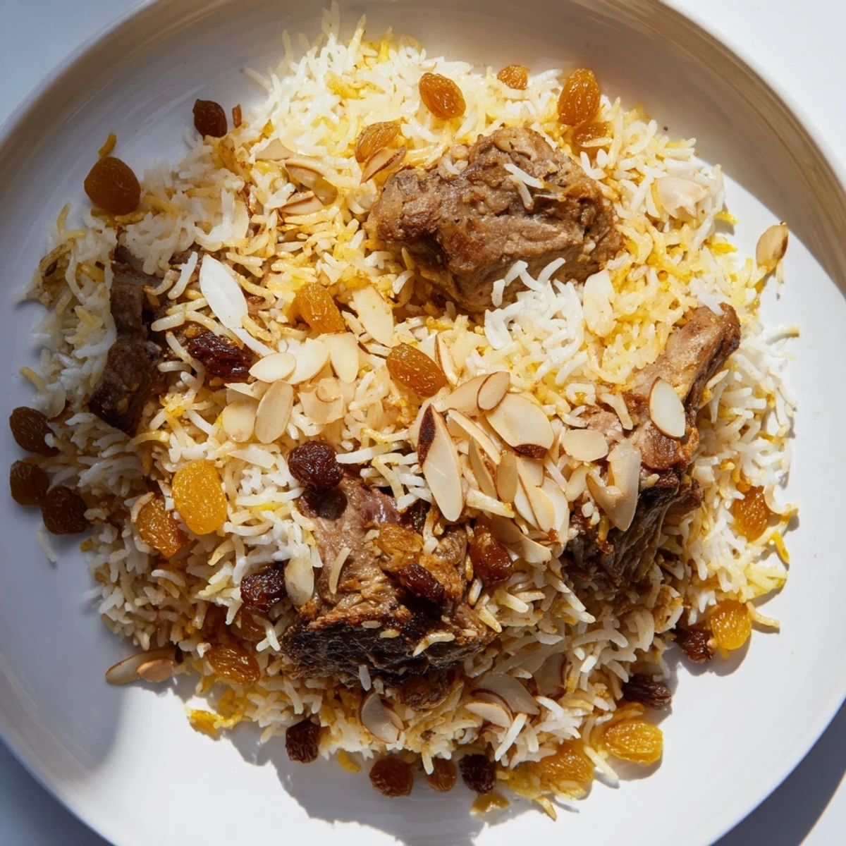 Aromatic Middle Eastern Saudi Kabsa rice, showcasing fluffy basmati with flavorful spices, meat, and sweet raisins.