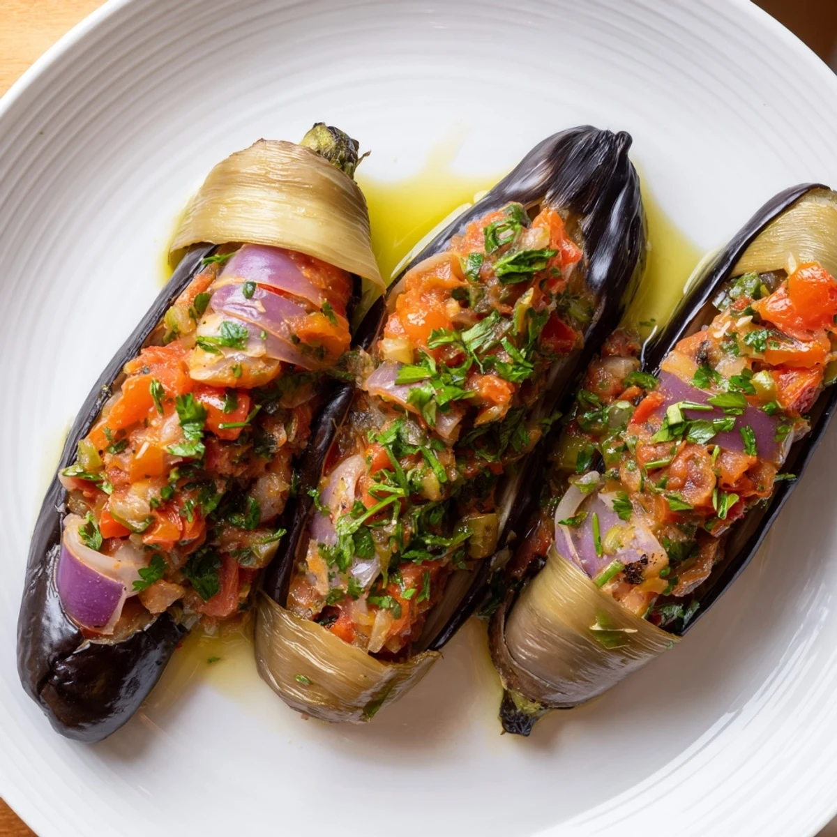 Golden brown, tender Imam Bayildi: Eggplant halves overflowing with savory tomato and onion filling.