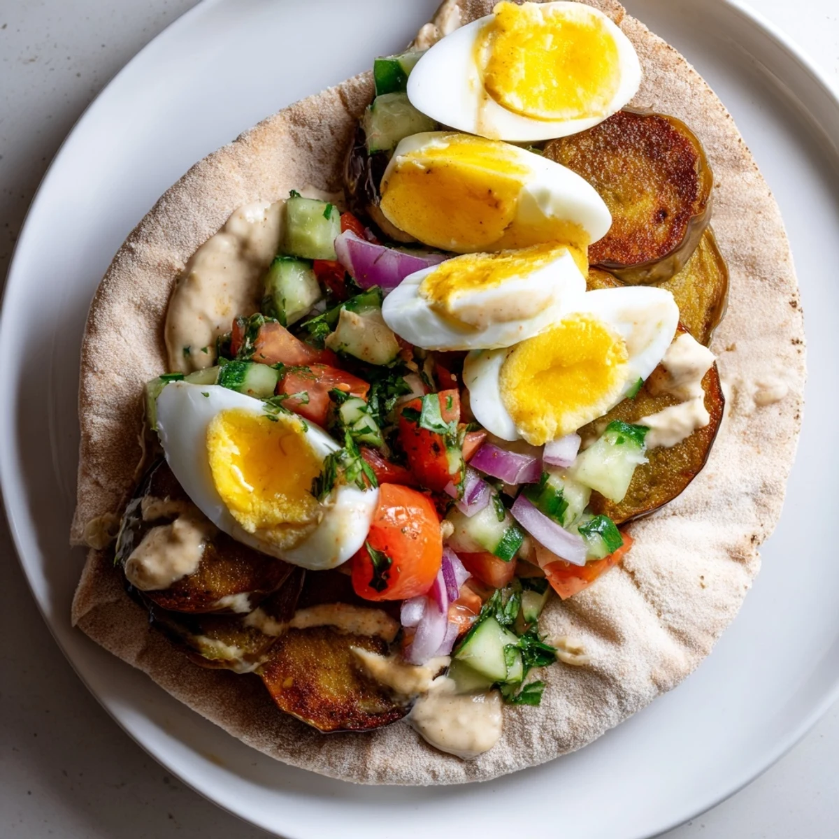 Golden-brown fried eggplant and creamy tahini star in this delicious Israeli Sabich.