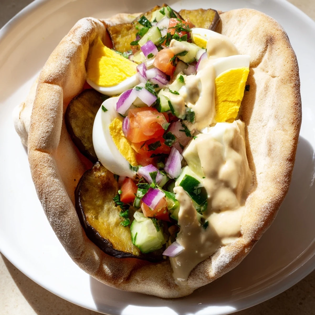 A close-up of a flavorful Israeli Sabich, a vegetarian delight, ready to eat.