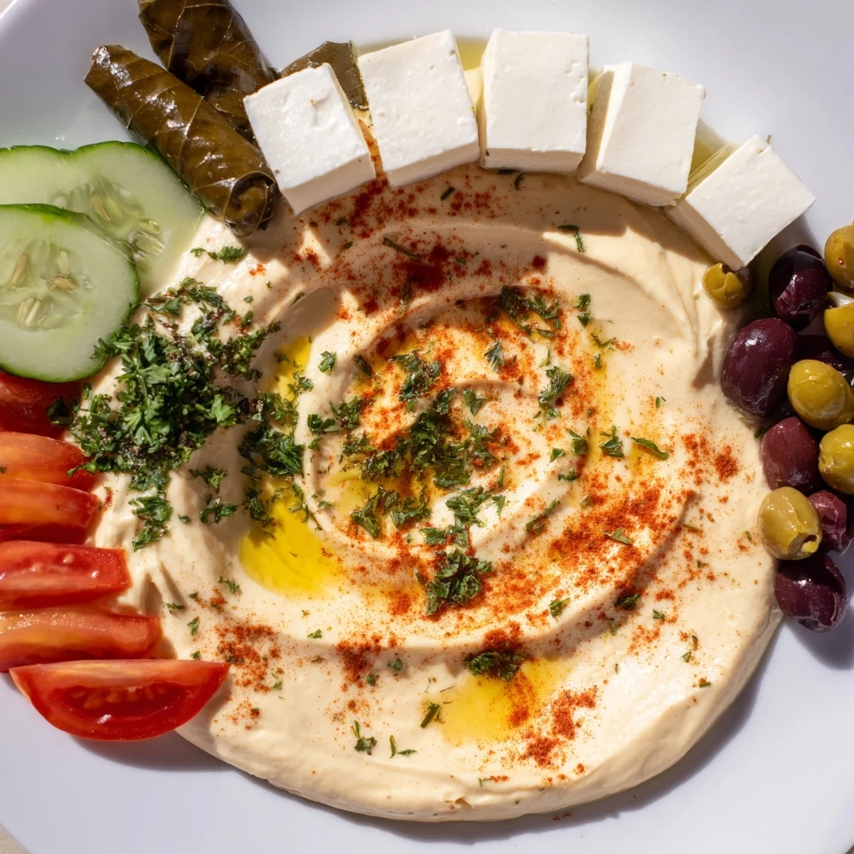 A colorful Turkish Meze Platter with hummus, dolmas, various cheeses, and olives, ready to enjoy.