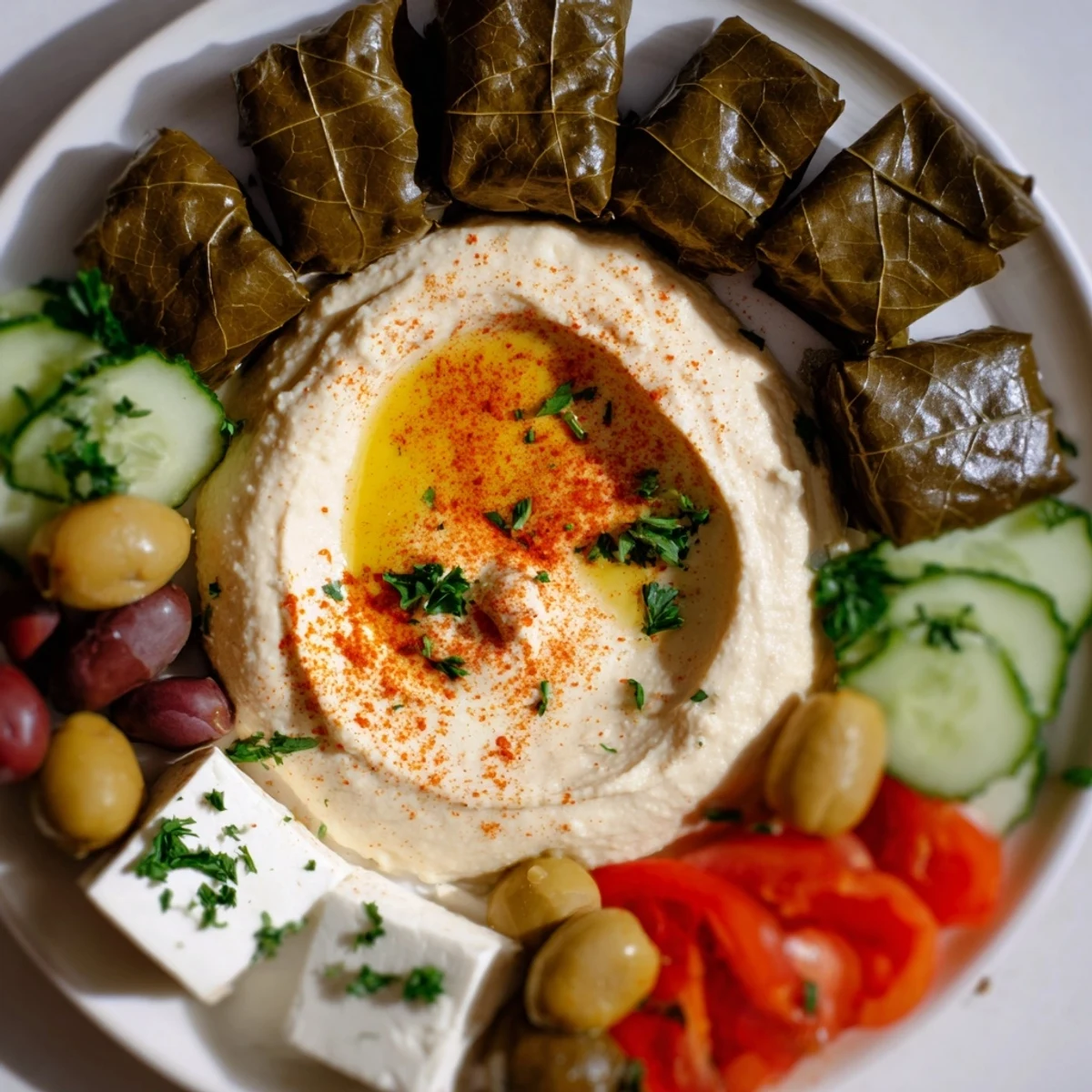 Served with warm pita, this delicious Turkish Meze Platter boasts a medley of Mediterranean flavors.