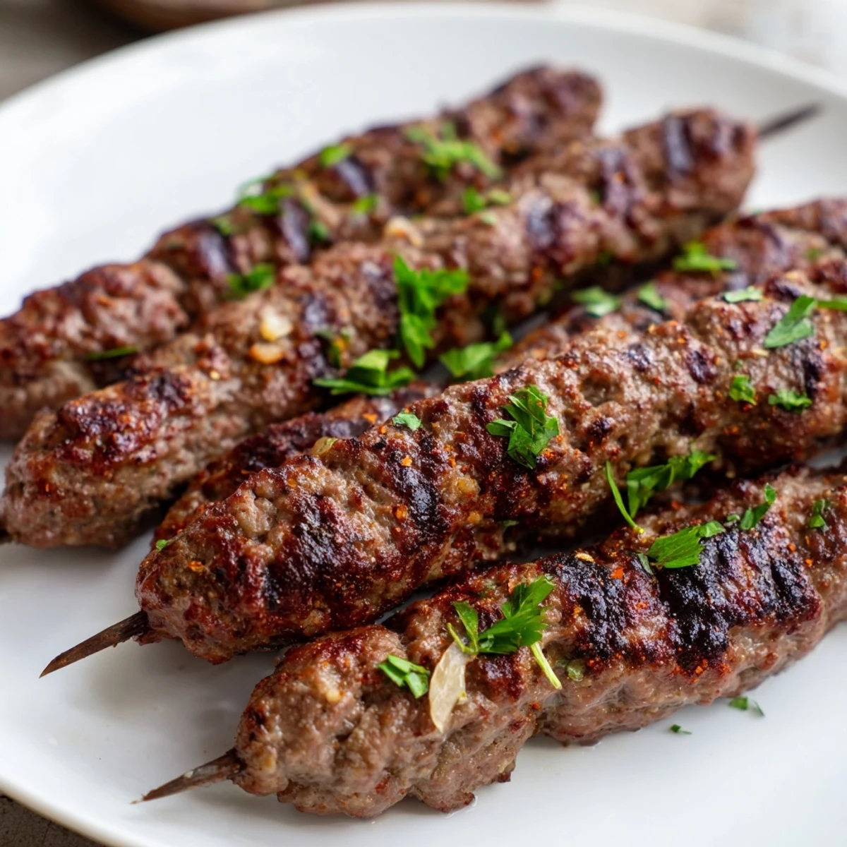 Close-up of golden-brown Iraqi Kebab Tikka, ready to serve with fresh parsley and lemon wedges nearby.