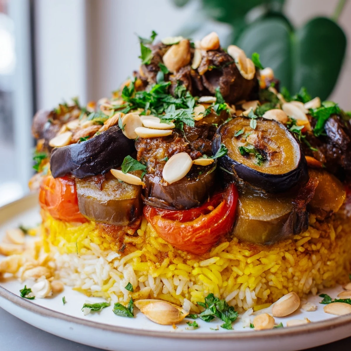 The vibrant presentation of the Palestinian Maqluba features fluffy rice and savory meat with golden roasted vegetables.