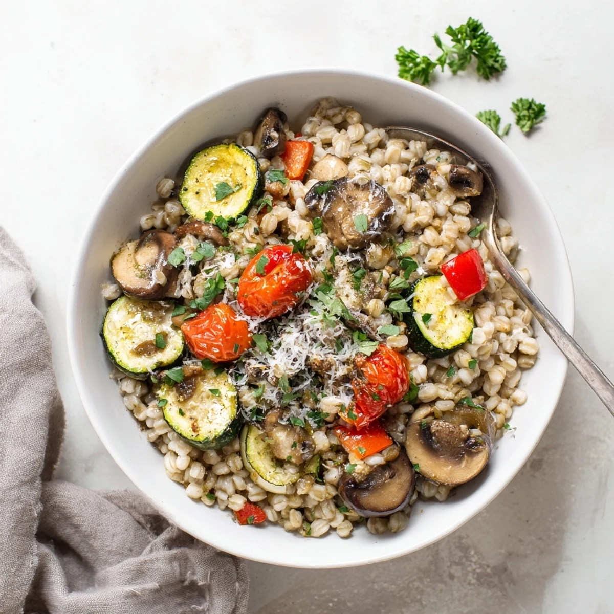 A warm bowl of Pearled Barley Creamy Bowl topped with colorful roasted zucchini, bell peppers, and cherry tomatoes garnished with fresh parsley.  