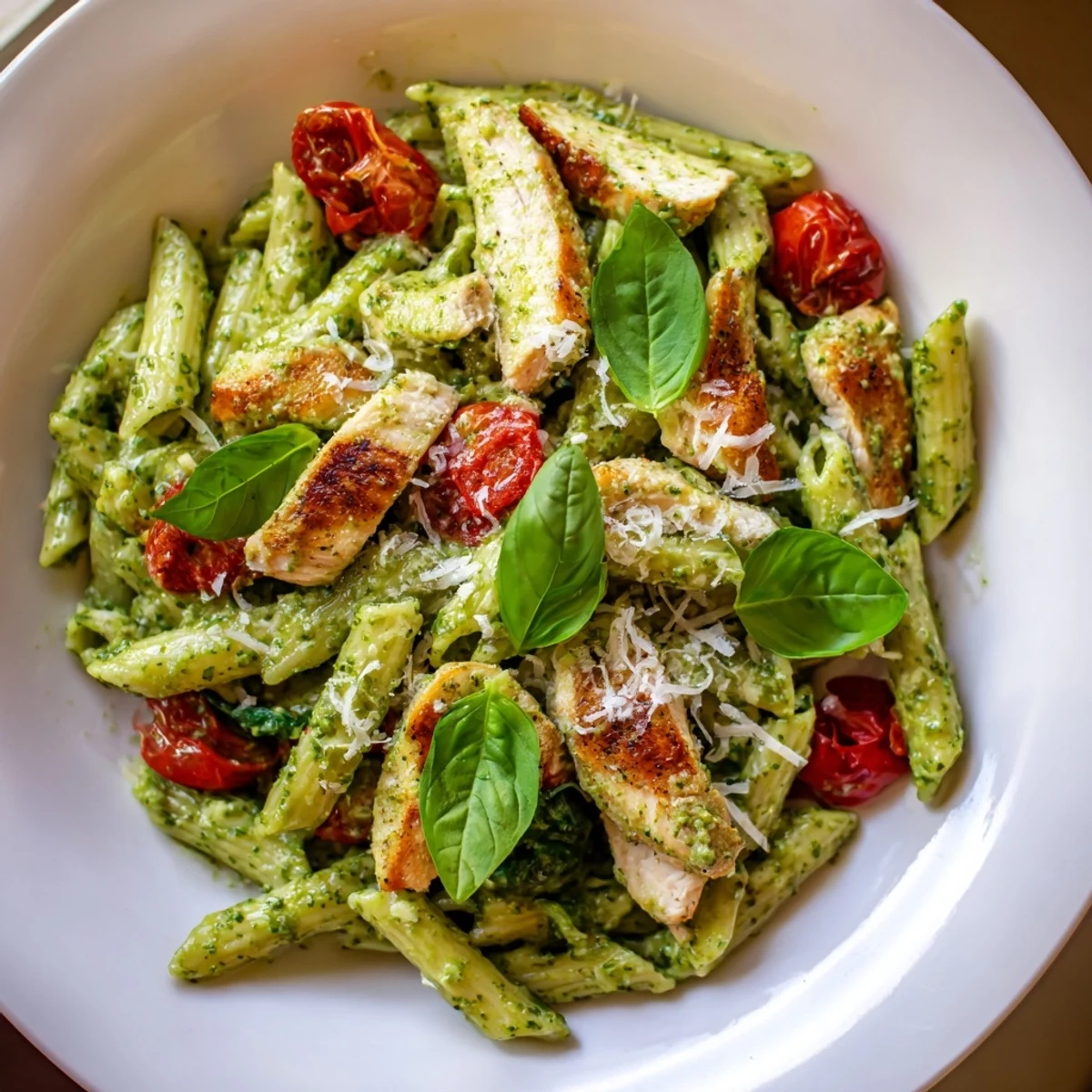 Hearty Pesto Chicken Pasta featuring juicy grilled chicken, fusilli noodles, and cherry tomatoes tossed in a creamy green pesto sauce, perfect for casual gatherings.