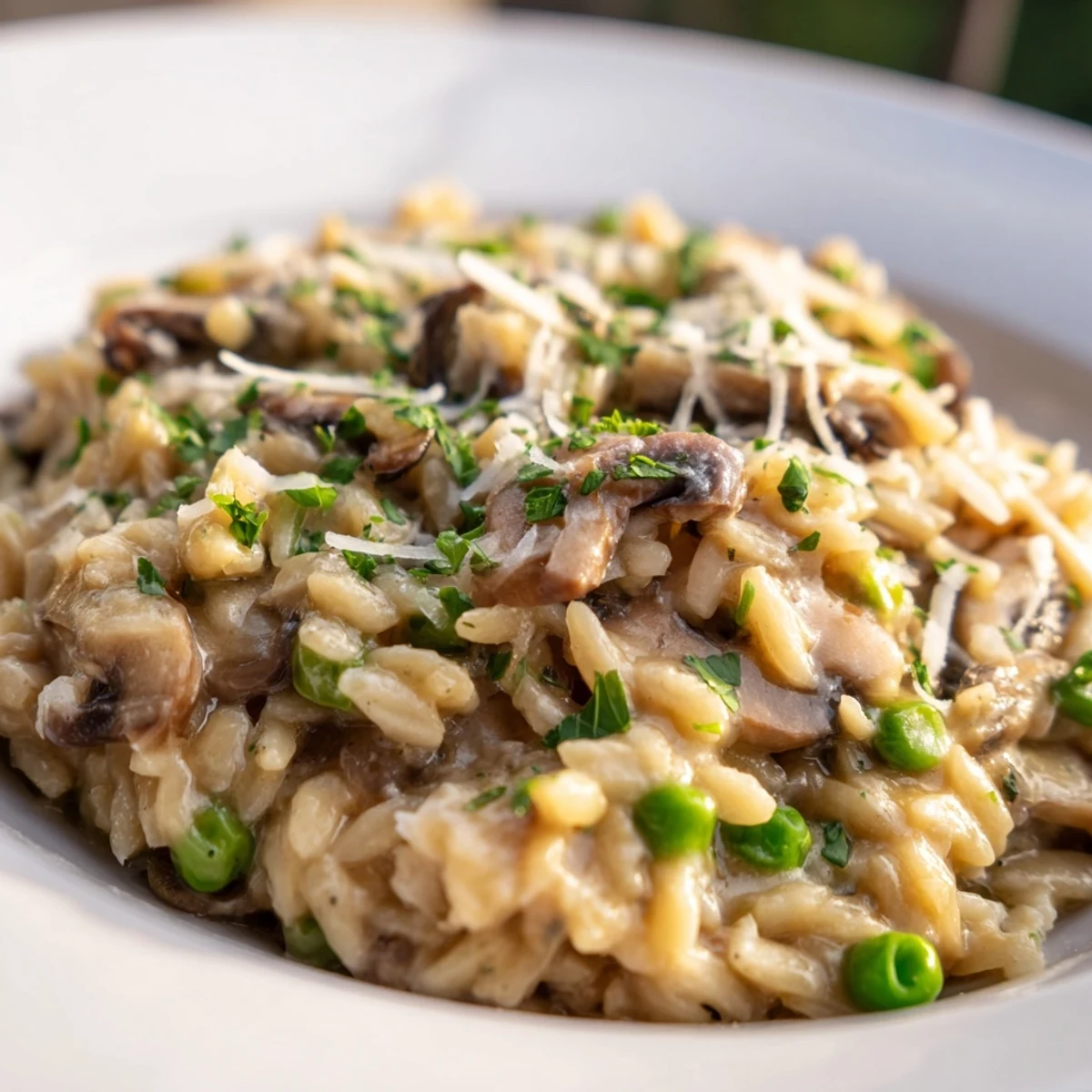 Creamy orzo mushroom risotto-style pasta steaming in a shallow bowl, garnished with fresh parsley and a sprinkle of Parmesan.