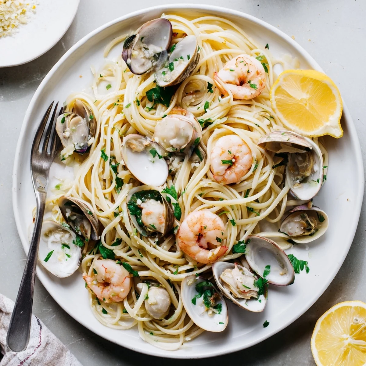 A close-up of Seafood Linguine with plump shrimp, mussels, and clams in a garlicky white wine sauce, garnished with fresh parsley and lemon wedges.