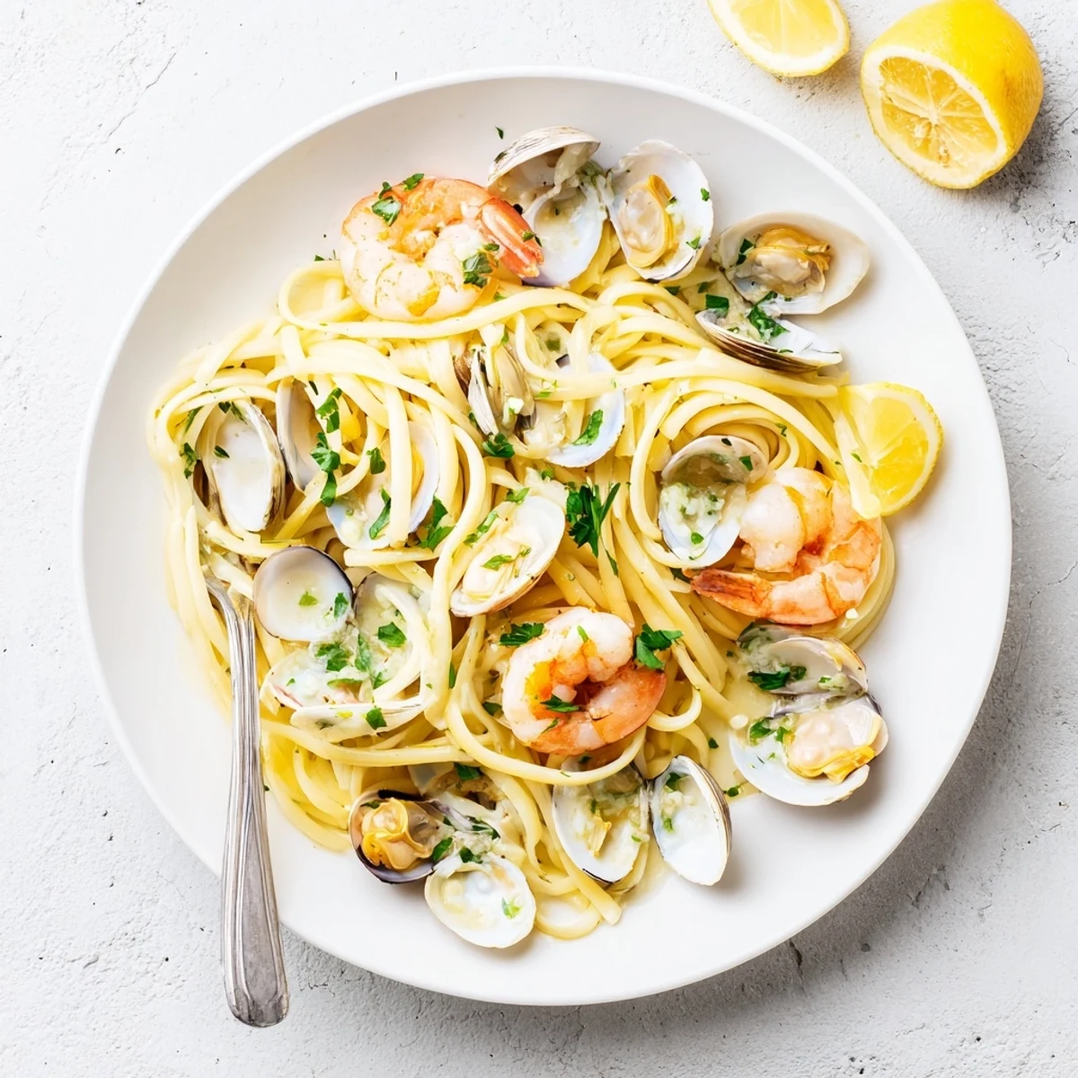 Seafood Linguine served in a rustic white bowl, featuring al dente pasta coated in a fragrant lemon-butter sauce and topped with colorful seafood.