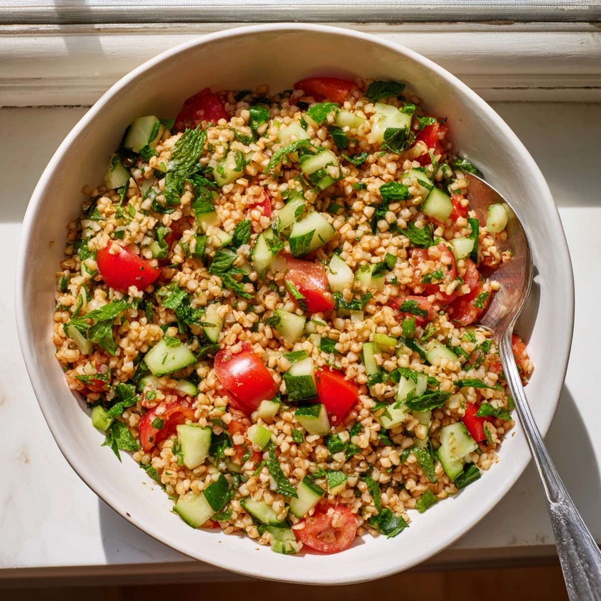 Brightly colored Bulgur Wheat Salad Tabbouleh featuring fluffy grains, fresh parsley, diced tomatoes, and cucumber in a lemon-olive oil dressing.