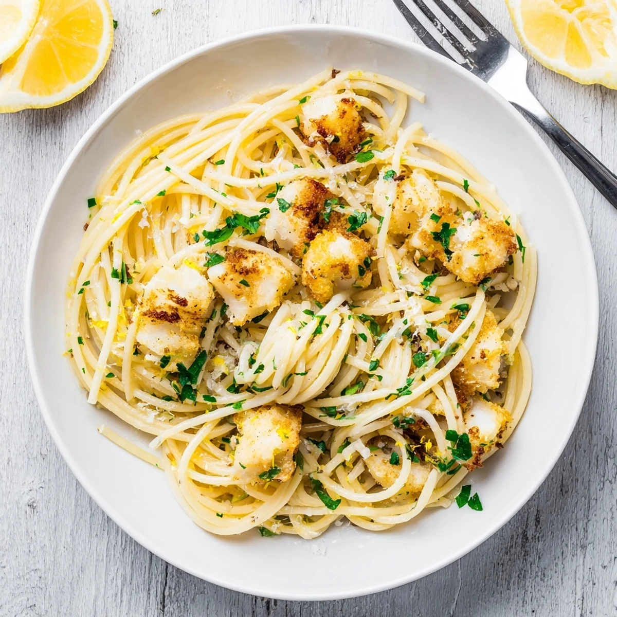 Pan-fried golden fish flakes tossed with al dente spaghetti in a bright lemon herb sauce for a quick, satisfying meal.  