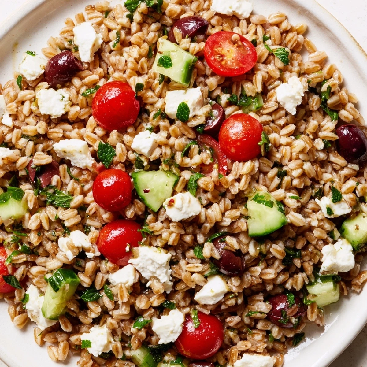 A vibrant Mediterranean-inspired Farro Salad Mediterranean tossed with fresh herbs, vegetables, and tangy feta, perfect as a refreshing side dish at picnics.