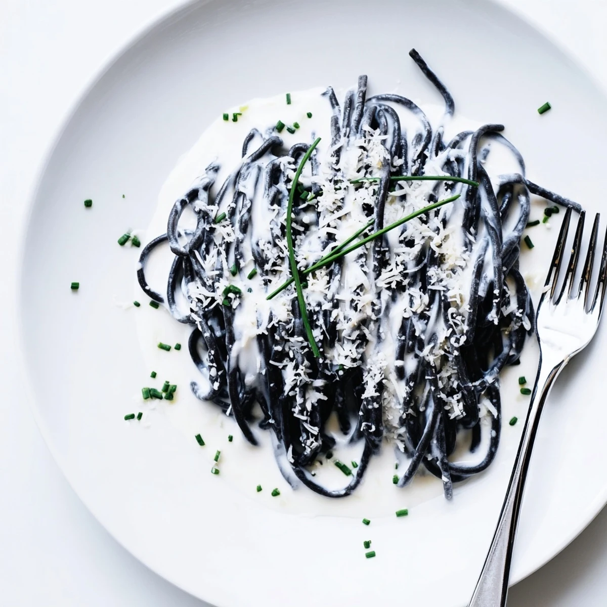 Sautéed shallots and garlic enrich the silky cream sauce coating jet-black Squid Ink Pasta on a dinner plate.