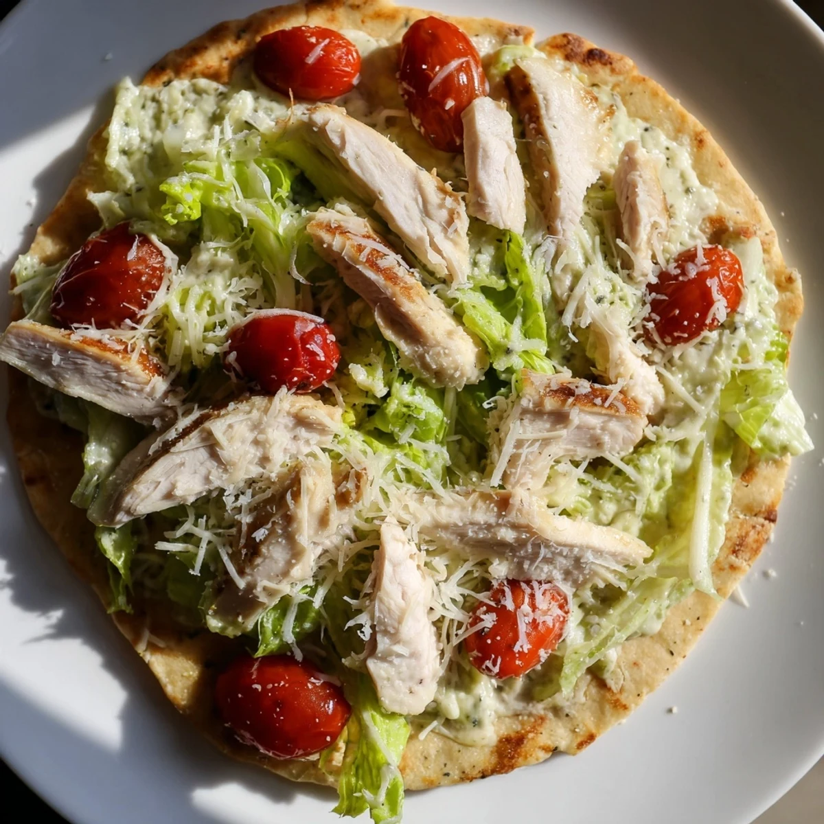 Golden-brown Caesar chicken flatbread topped with crisp romaine, Parmesan, and creamy dressing.