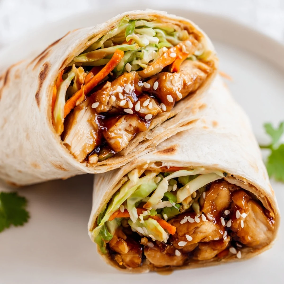 Savory Japanese fusion teriyaki chicken wrap filled with crunchy vegetables and tender glazed meat, perfect for a quick dinner.