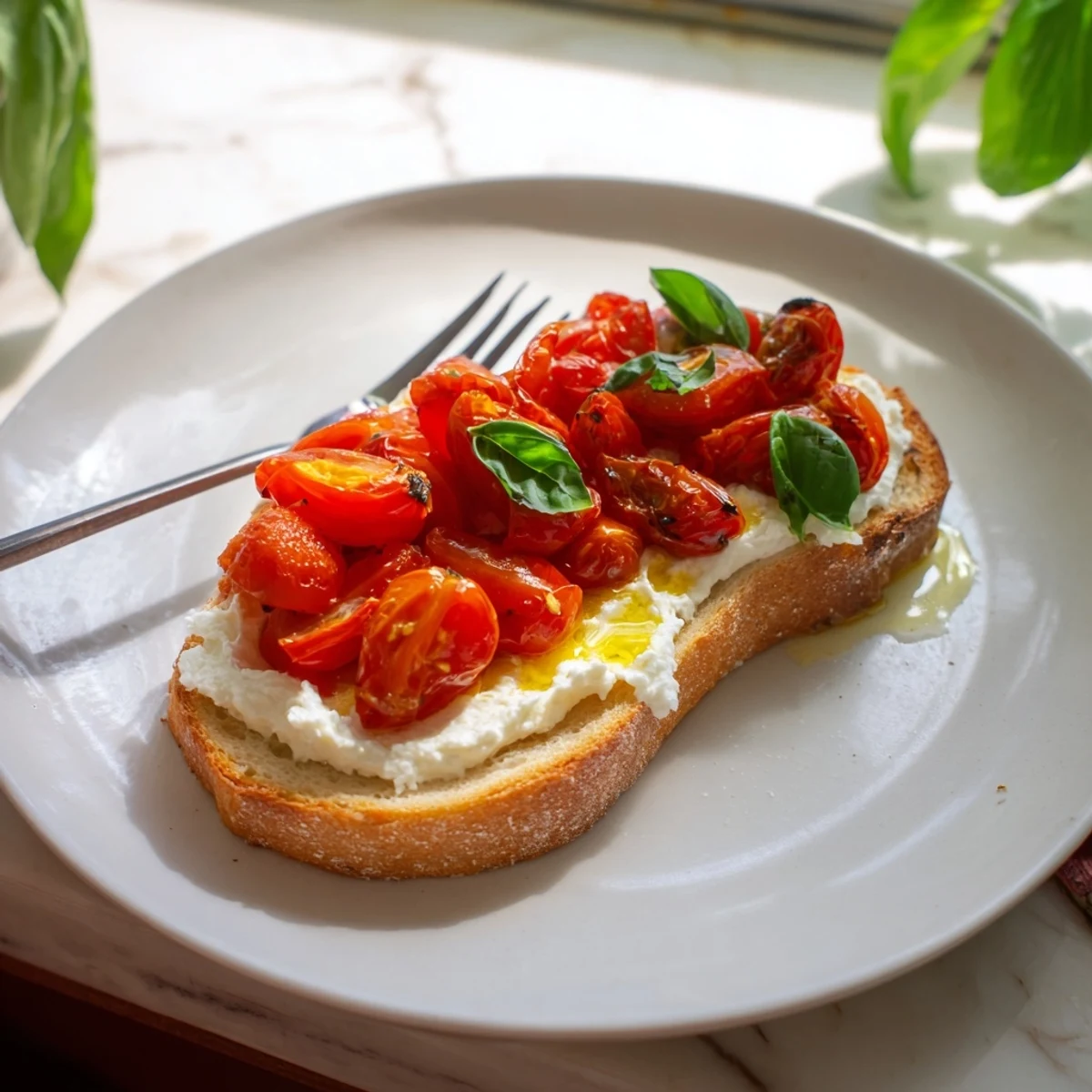 Roasted cherry tomatoes top creamy whipped ricotta on golden sourdough, garnished with fresh basil and drizzled with olive oil for a vibrant Mediterranean-style toast.  