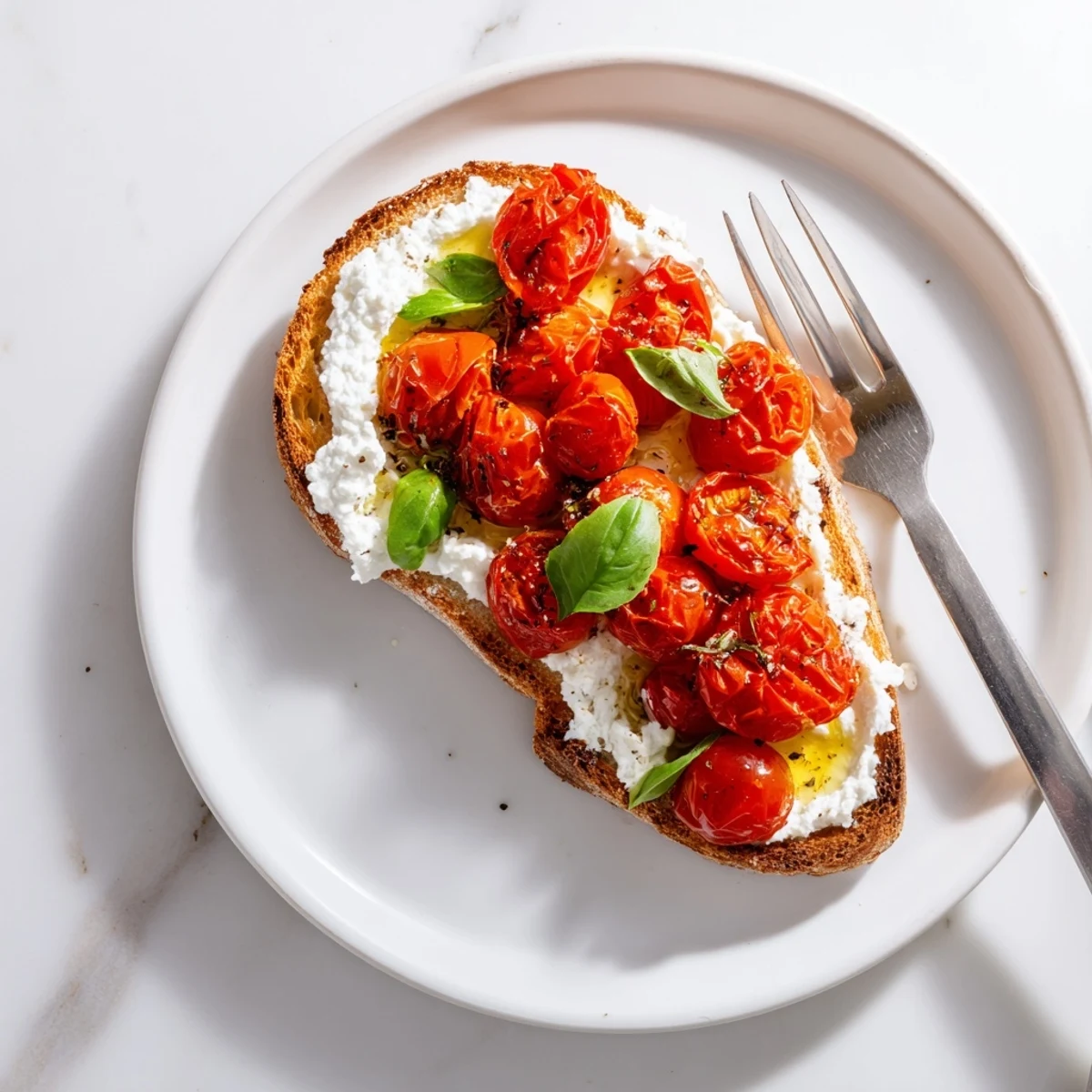 Whipped ricotta spread thickly on toasted bread, piled high with sweet roasted tomatoes and a touch of lemon zest for a bright, fresh finish.