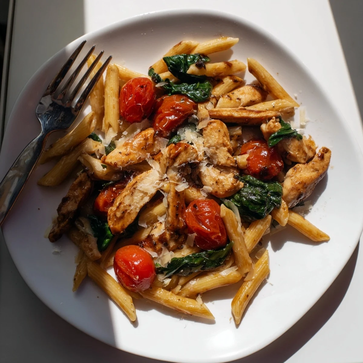 A close-up of Balsamic Glazed Chicken Pasta showing golden chicken strips and a rich, aromatic sauce over pasta.