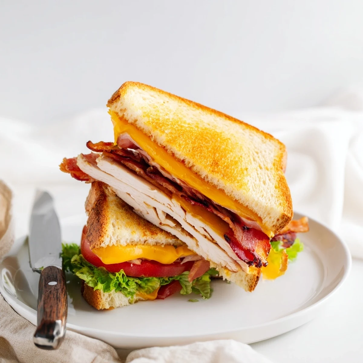 A close-up view of a halved Turkey Club Grilled Cheese showcases the gooey cheese pull, layered fillings, and perfectly toasted sourdough crust.