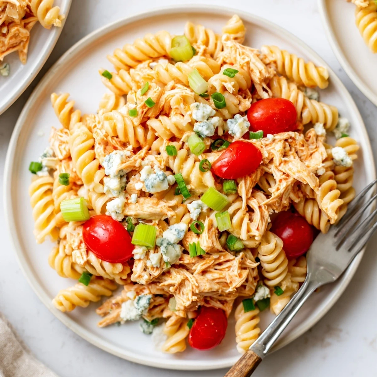 Vibrant Buffalo Chicken Pasta Salad featuring rotini, buffalo chicken, cherry tomatoes, and blue cheese crumbles on a rustic table.