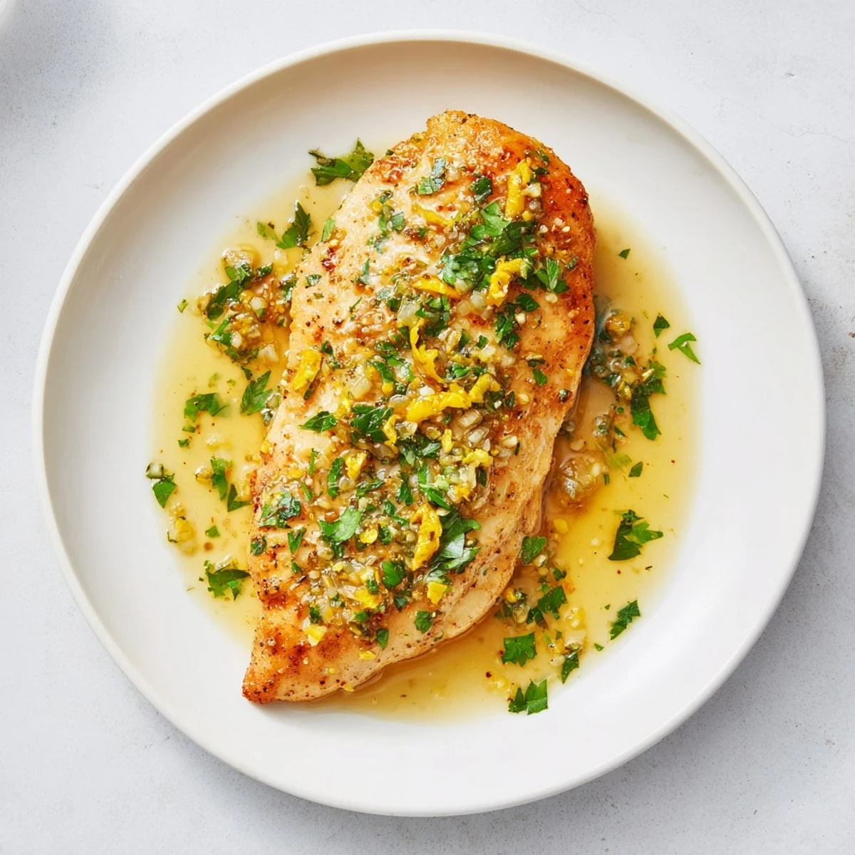 Golden pan-seared Lemon Pepper Chicken breasts glistening with a buttery lemon sauce and fresh parsley garnish.