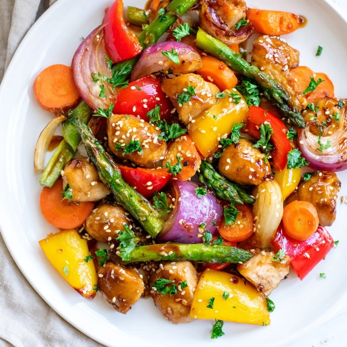 Sizzling sheet pan honey garlic chicken and vibrant vegetables roasted to caramelized perfection on a single pan.  