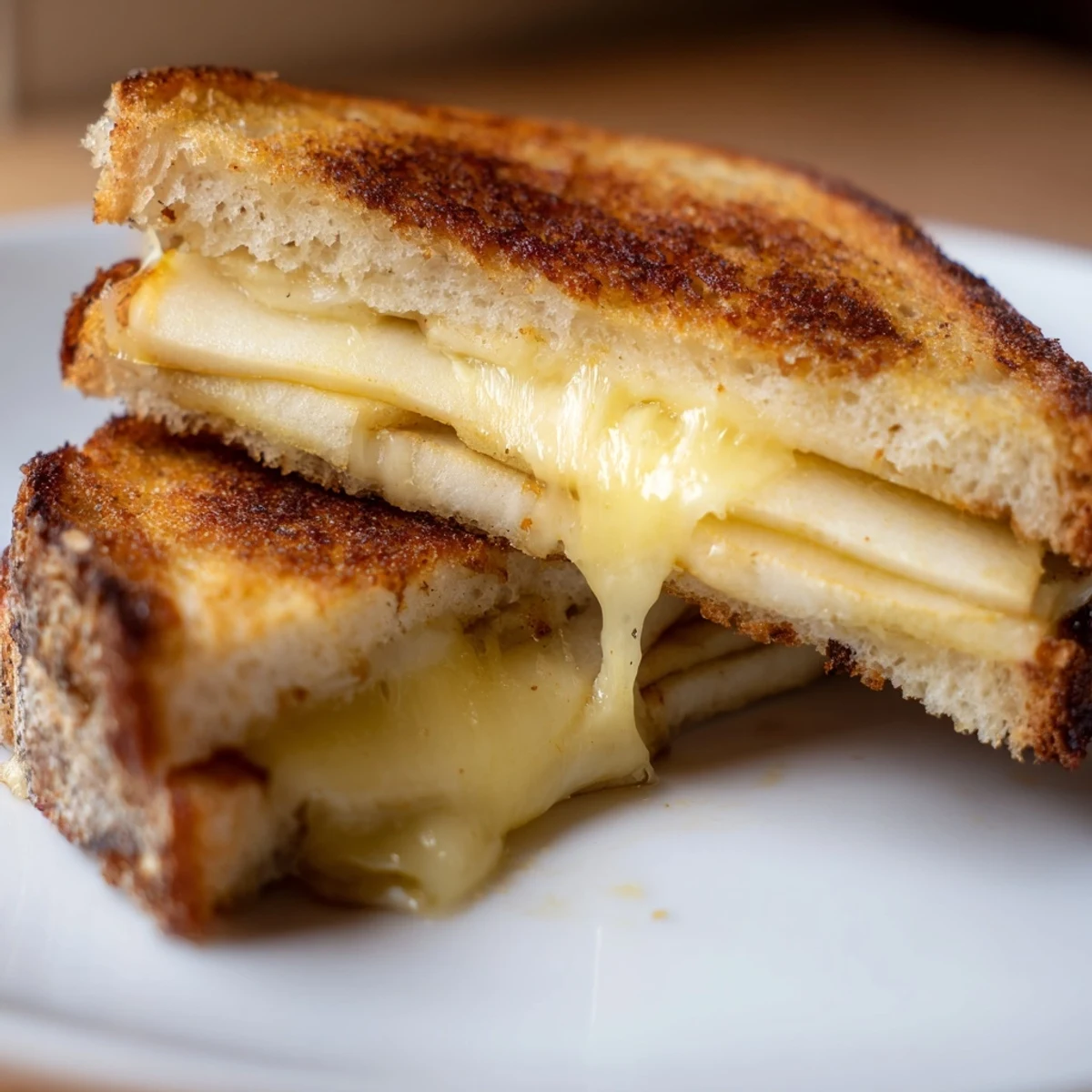 Golden-brown sourdough sandwiches with melted smoked Gouda and crisp apple slices, served warm on a rustic plate.  