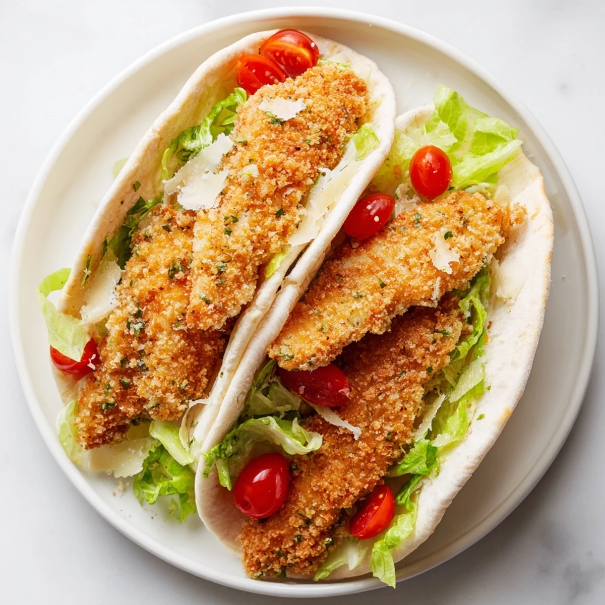 A close-up of crispy golden herbed chicken Caesar pitas, with fresh romaine and Caesar salad spilling from warm pita pockets, served with lemon wedges.