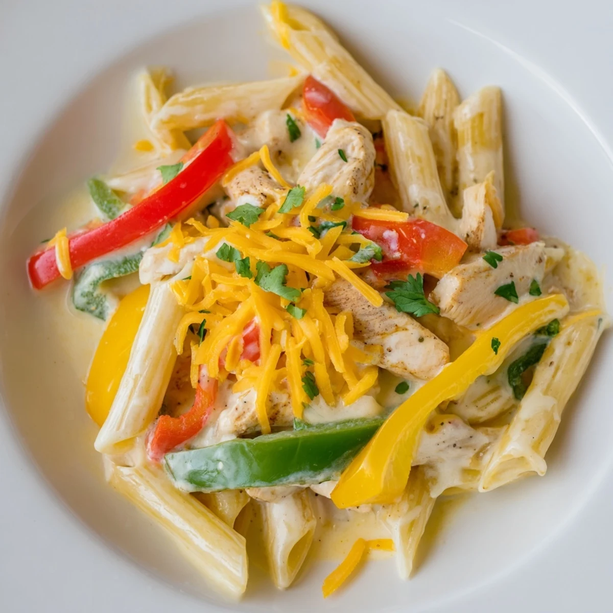 Creamy Fajita Chicken Pasta Skillet with colorful bell peppers, melted cheese, and fresh cilantro garnish.