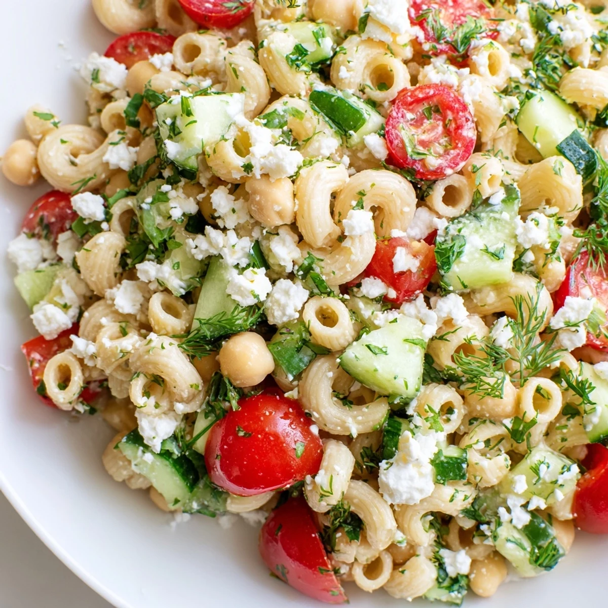 Bright chickpea pasta salad with diced cucumber, cherry tomatoes, and fresh herbs, tossed in a zesty lemon vinaigrette.
