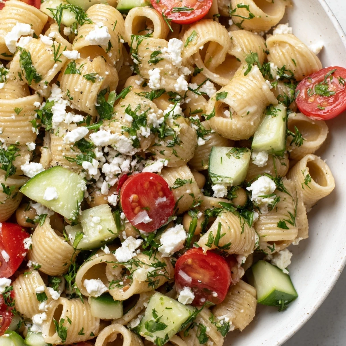 Chilled Lemon Herb Chickpea Pasta Salad served in a white bowl with feta crumbles, olives, and a lemon wedge.