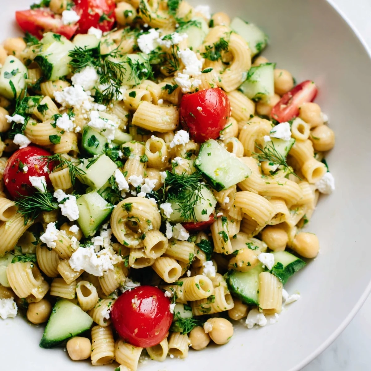Vibrant Mediterranean-inspired Lemon Herb Chickpea Pasta Salad ready for a summer picnic, garnished with parsley, dill, and mint.