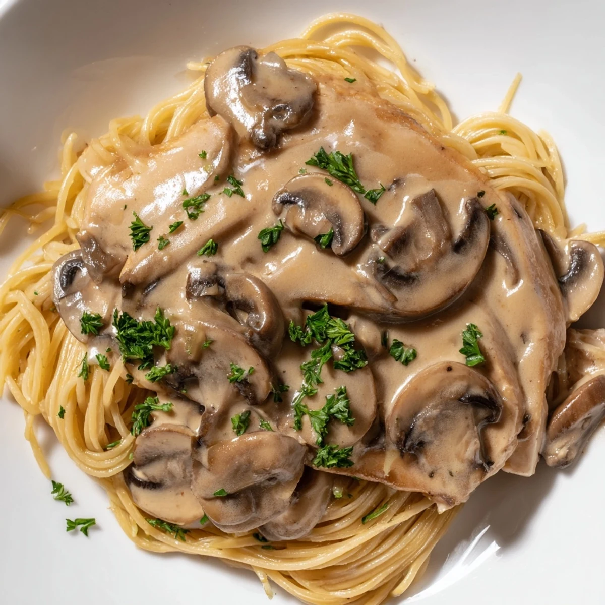 A close-up of Creamy Mushroom Chicken Spaghettini highlights fresh parsley garnish and steam rising from the skillet.  