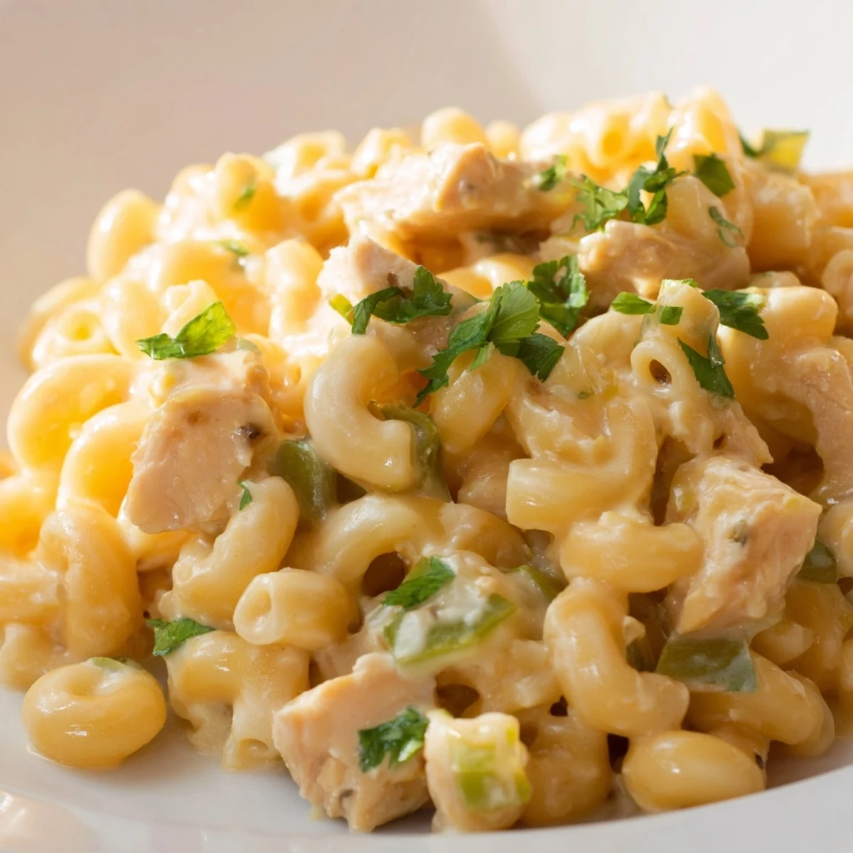 Creamy Green Chili Chicken Mac in a cast-iron skillet, topped with melted cheese, diced chicken, and fresh cilantro, with a spicy jalapeño slice on the side.