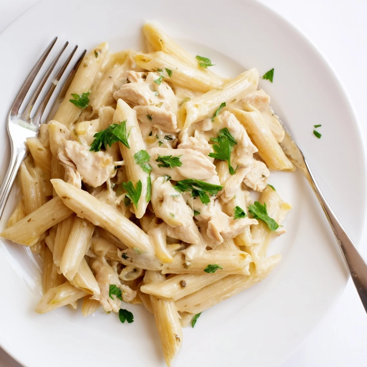 Golden roasted chicken breast slices and al dente penne pasta coated in a creamy roasted garlic sauce, served in a rustic bowl.