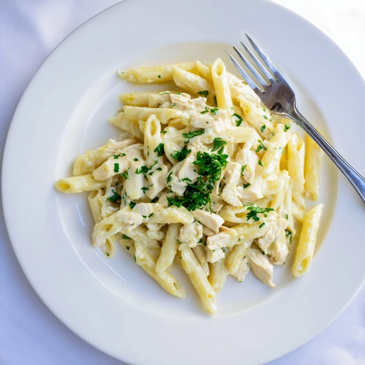 Close-up of Roasted Garlic Chicken Penne, steam rising from the creamy, golden garlic sauce tossed with sliced roasted chicken and penne.